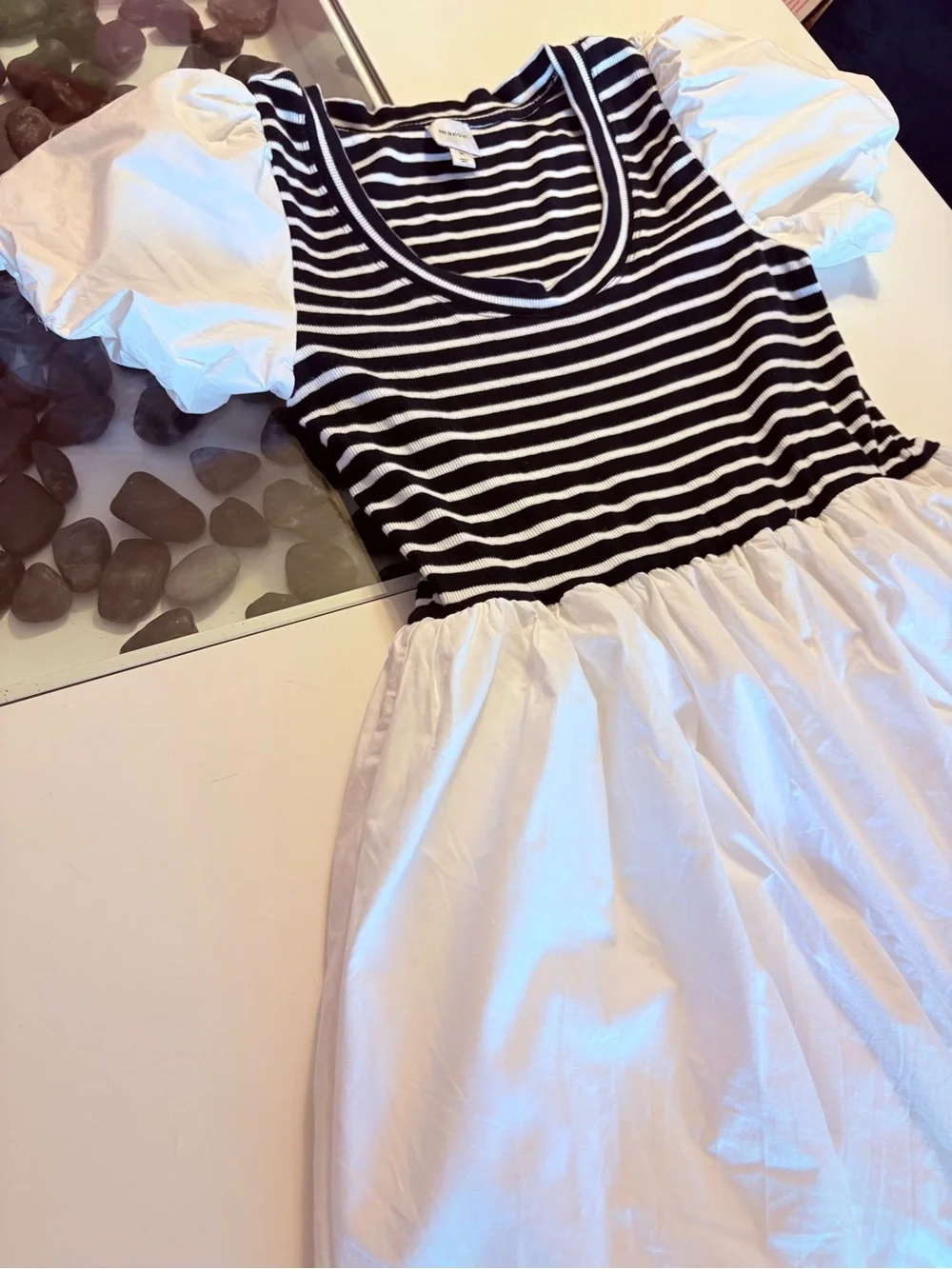 Maeve Striped Bodice Puff-Sleeve Midi Dress in White and Black - Picture 7 of 15